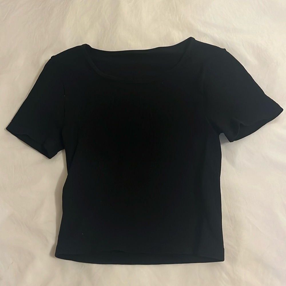 Women’s New Fitted Ribbed Black Tee, Brand QQQ